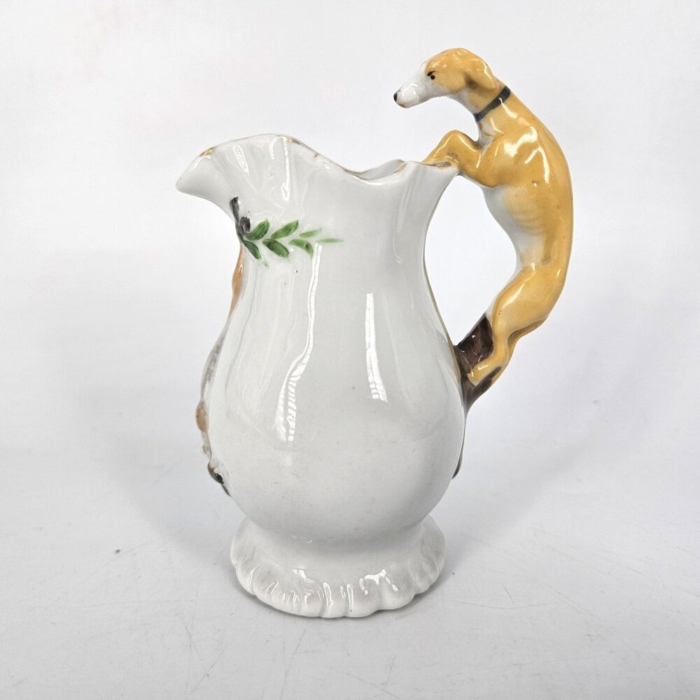 Vint Majolica Porcelain Mini Pitcher Jug Creamer Dog Greyhound Handle Hunt Hound